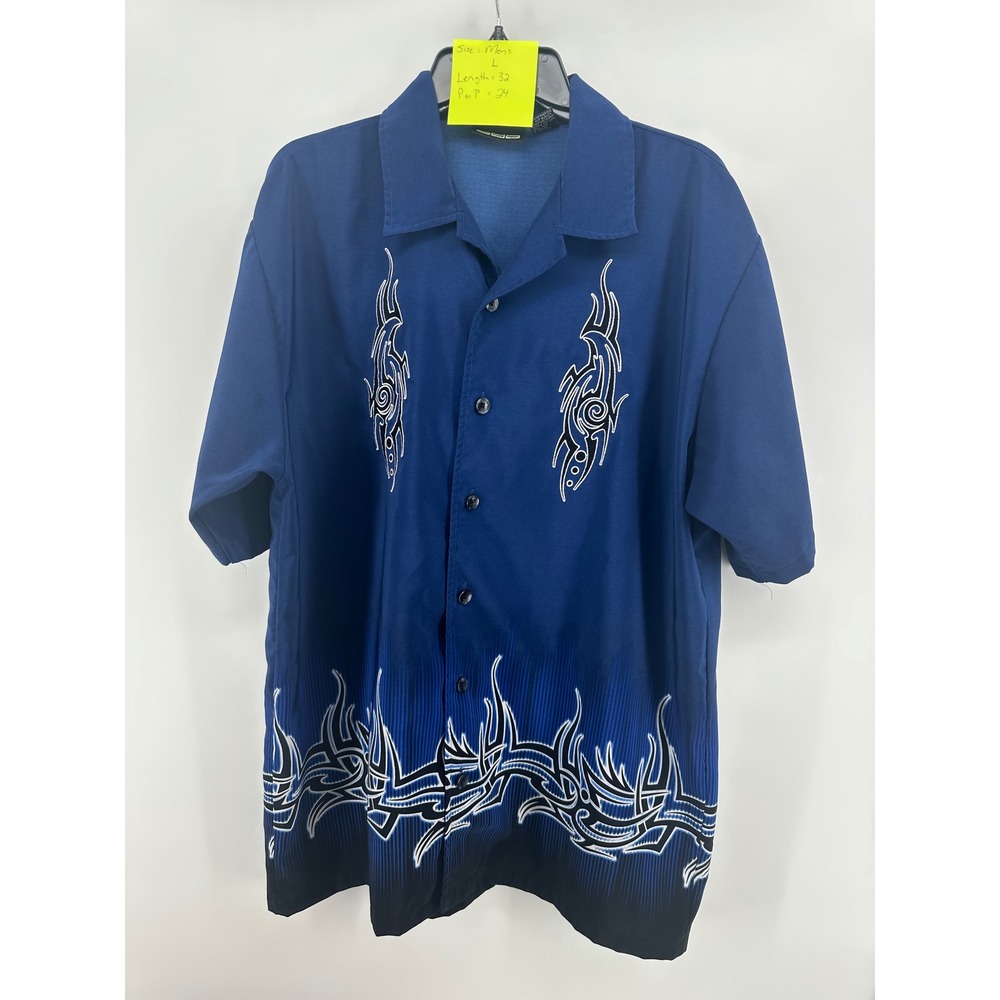 ODO Mens Large‎ Blue Tribal Graphic Print Short Sleeve Button Up Y2K Camp Shirt